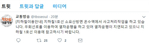 14일 오전 8시 20분 경 tbs 교통방송은 공식 트위터를 통해 지하철 1호선 소요산 방면 온수역 부근에서 사고처리작업이 진행 중이며, 이에 따라 열차 운행이 지연되고 있다고 밝혔다.  <tbs 교통방송 공식 트위터 캡쳐>